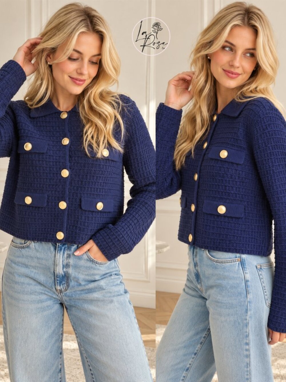 Eva Textured Knit Sweater Jacket with Gold Buttons | Women's Fall and Winter